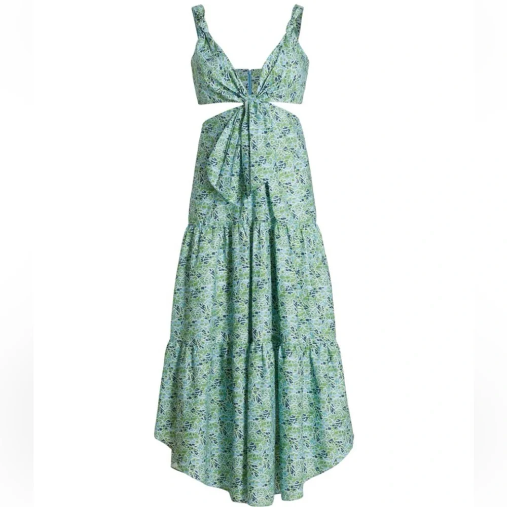 CINQ À SEPT Davian Cut Out Blue Green Knotted Midi Dress, Size 2